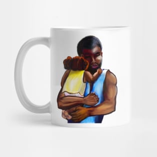 The best Father’s Day gifts 2022. Father and child - Super hero dad -  Strong muscular black man cradling a baby Mug